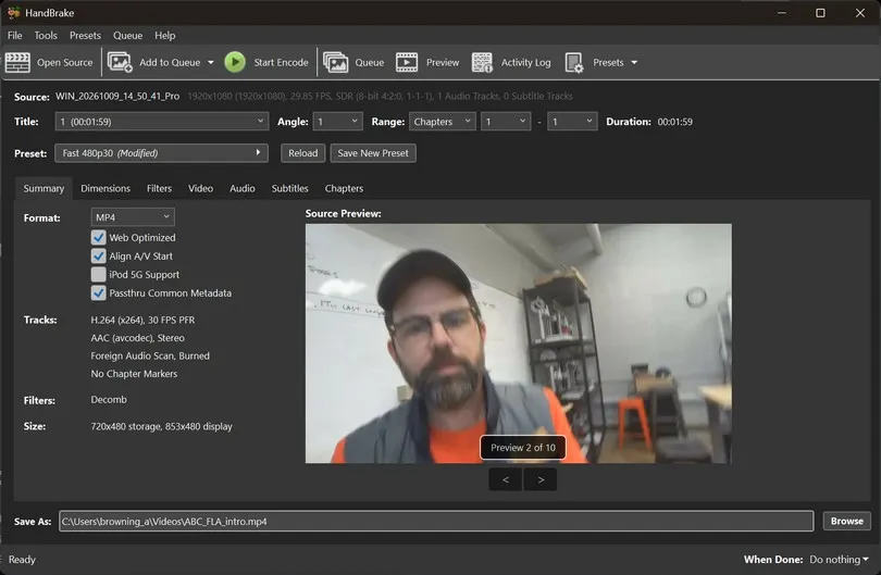 Screenshot of video file on Handbrake with options selected