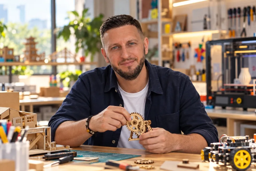 AI-generated portrait of Yaro holding a wooden mechanism in a makerspace, based on his personal photographs.