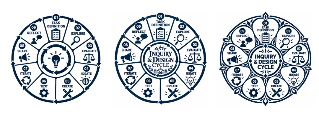 Inquiry/Design Cycle Three versions of a radial infographic I made using ChatGPT of the Inquiry/Design Cycle